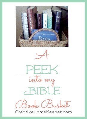 Keeping a Bible book basket handy will aid in your daily devotional time by keeping your Bible and study aids close by and organized. One busy mom shows how she organizes her devotional materials and what to keep in your Bible book basket.