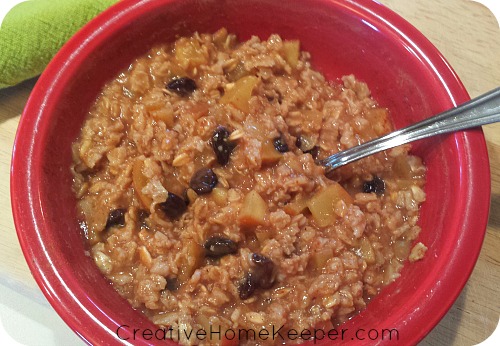 Apple pie instant oatmeal is a Delicious, warm and filling breakfast treat that you can whip up in minutes and will keep you full all morning long! Only a few simple ingredients, this comforting oatmeal included the flavors of apple pie in a much healthier dish! | CreativeHomeKeeper.com