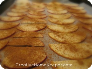 These apple chips are Oh-So-Easy to make up and delicious too! Only two ingredients, they are the PERFECT way to enjoy fall's perfect in-season fruit. Plus they store well in an air tight container... if they make it that long! Incredibly addicting, the whole family will LOVE them!!! | CreativeHomeKeeper.com