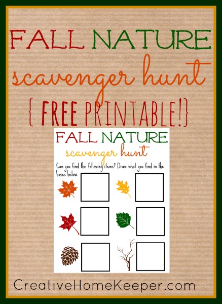 Enjoy a fun fall nature scavenger hunt with this fun free printable to use with your toddler or preschooler as you explore and enjoy the outdoors this fall | CreativeHomeKeeper.com