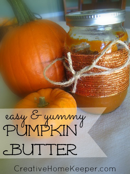 Creamy, smooth, sweet, easy and yummy- this pumpkin butter fits the bill! Topped with some favorite chopped nuts, this is the perfect addition to toast or other fall treat. | CreativeHomeKeeper.com