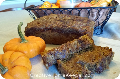 This is the BEST pumpkin bread recipe! It's SO GOOD! The whole family will love it, plus it's easy to whip together and freezes really well so you can make several at once. It's egg and nut free too. if allergies are a concern for your family but you can easily swap in an egg or throw some nuts in the batter. Make a loaf of this yummy pumpkin bread today! | CreativeHomeKeeper.com