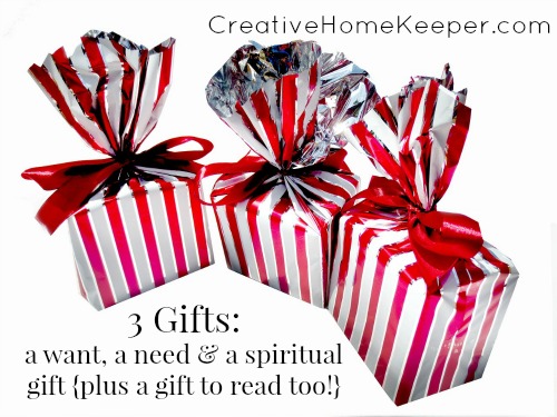Eliminate stress and reduce the budget by focusing on the true meaning of Christmas with simplified and intentional gift giving this year. Give thoughtful and meaningful gifts based around the 3 gift principle. | CreativeHomeKeeper.com