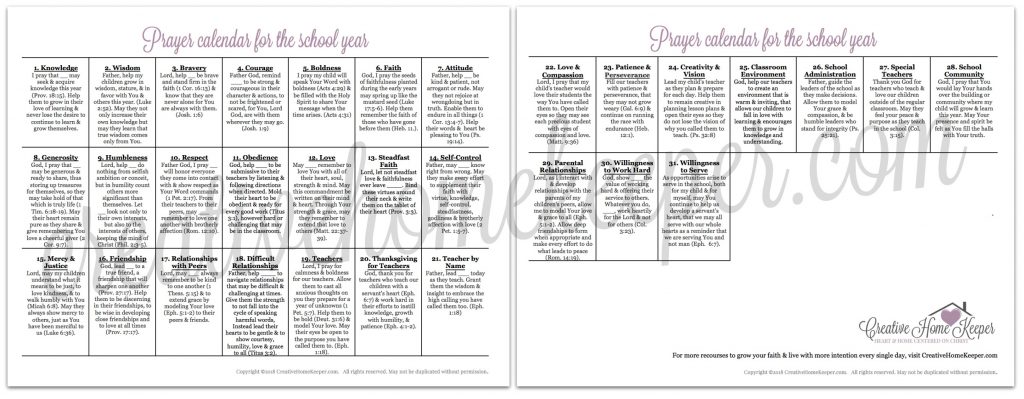 Prayer Calendar for the School Year Creative Home Keeper