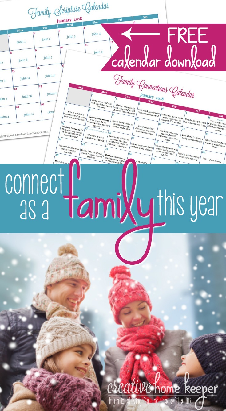 Draw closer as a family this year with the Family Connections Calendar and Scripture reading plan. Each month includes simple and easy ways to connect as a family as well as a Scripture plan to read aloud together.