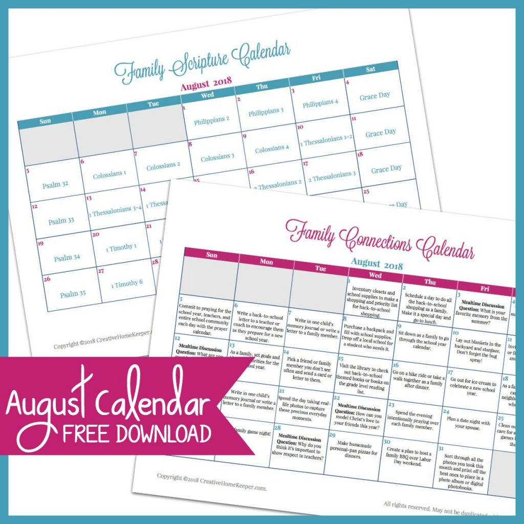 August Family Connections Calendar